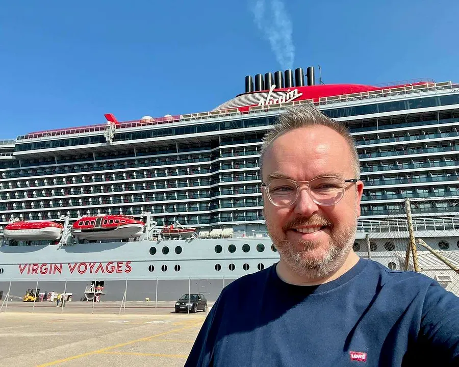 Patrick Hughes at a Virgin Voyages ship in Piraeus, Athens