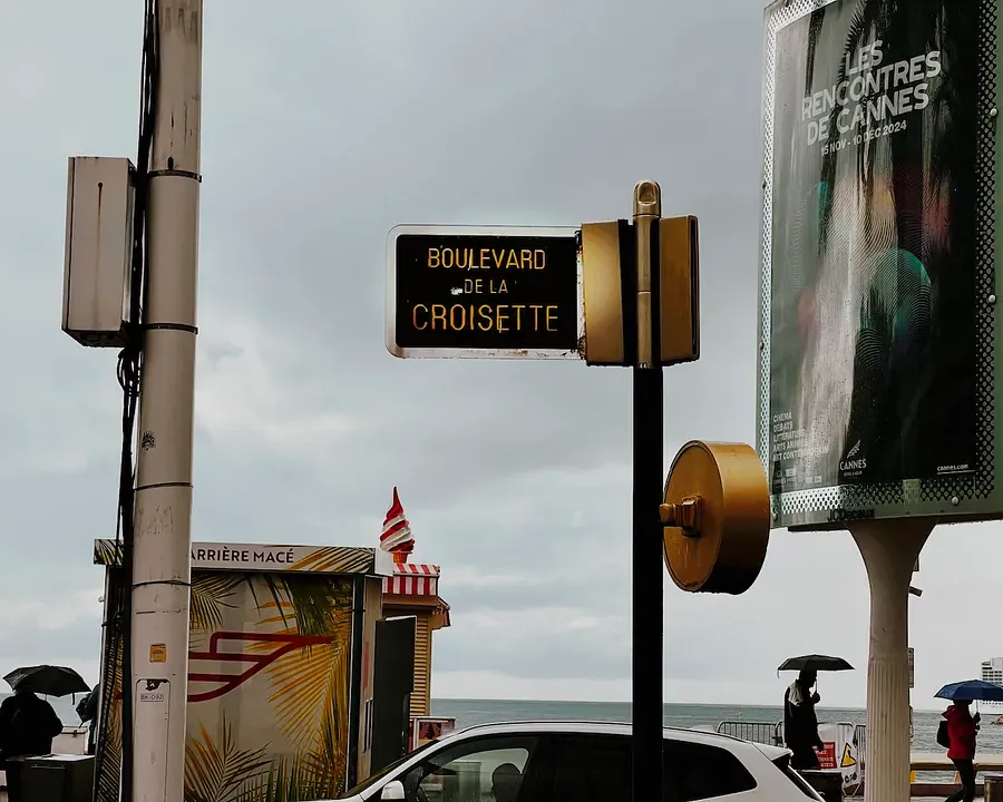 Boulevard de la Croisette street sign in Cannes on an overcast day