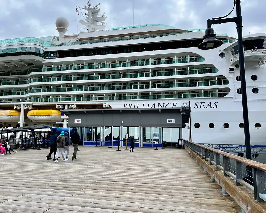 A cruise ship docked at the port of Juneau, Alaska
