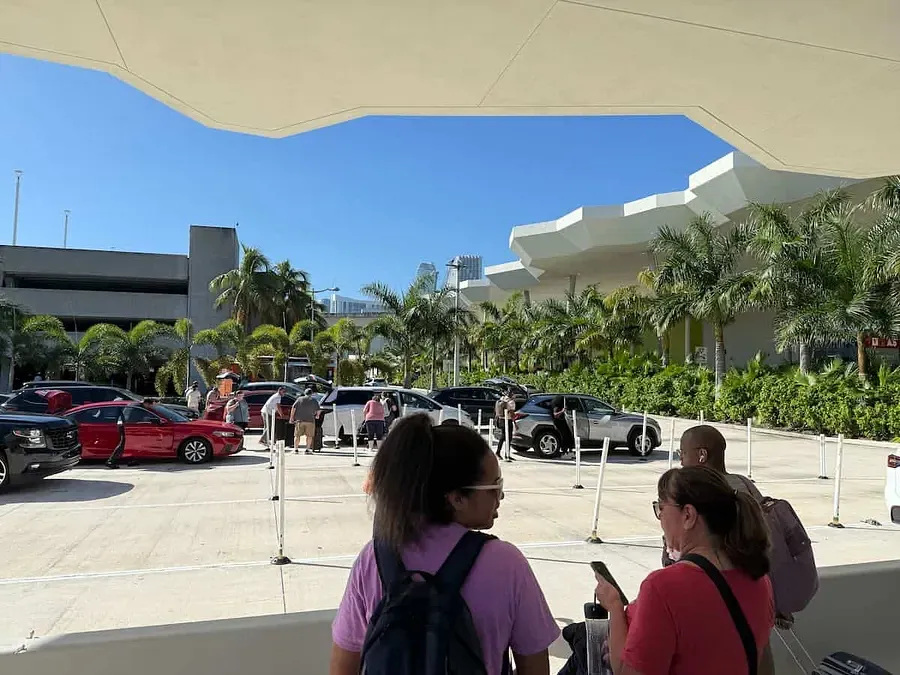 A line of rideshare cars at PortMiami