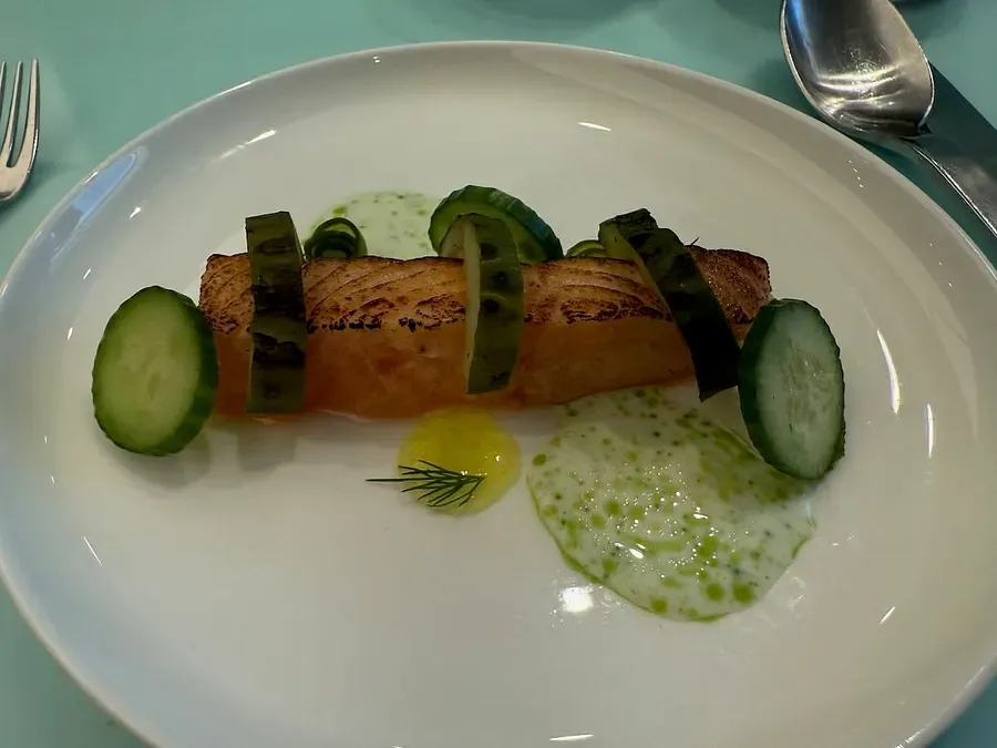 A salmon and cucumber dish from the Test Kitchen on Scarlet Lady