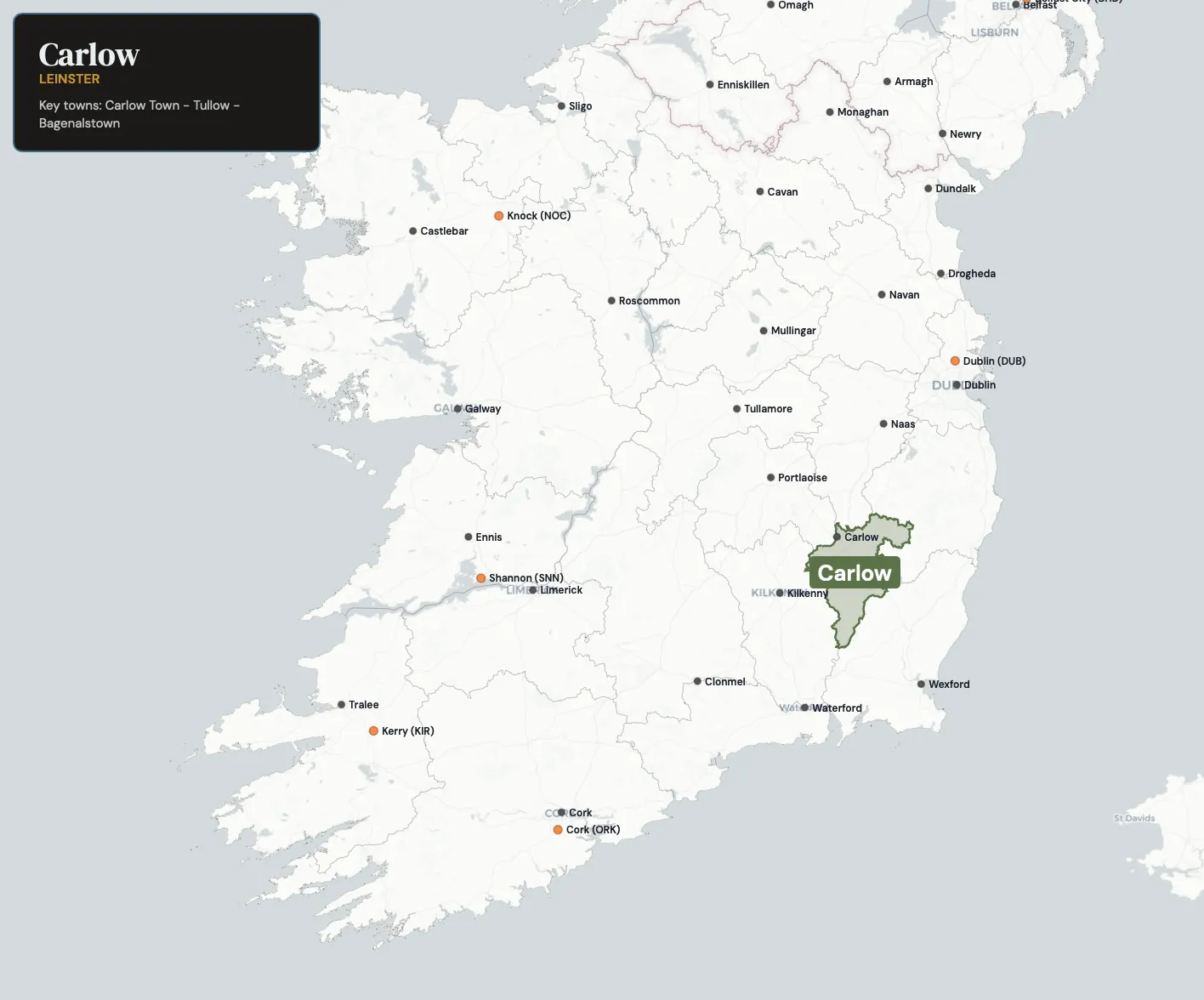 Map showing County Carlow in the northwest of Ireland