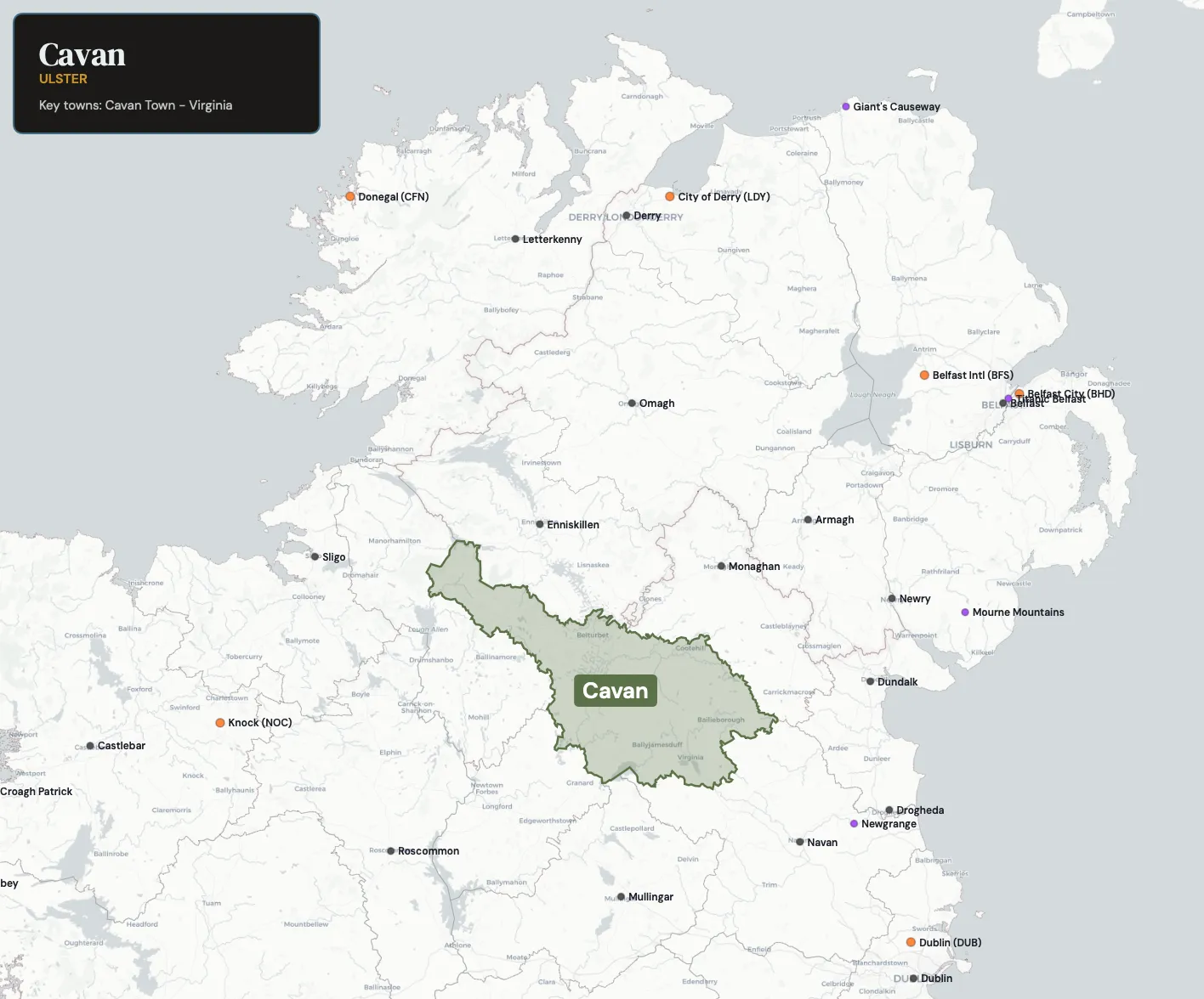 Map showing County Cavan in the northwest of Ireland