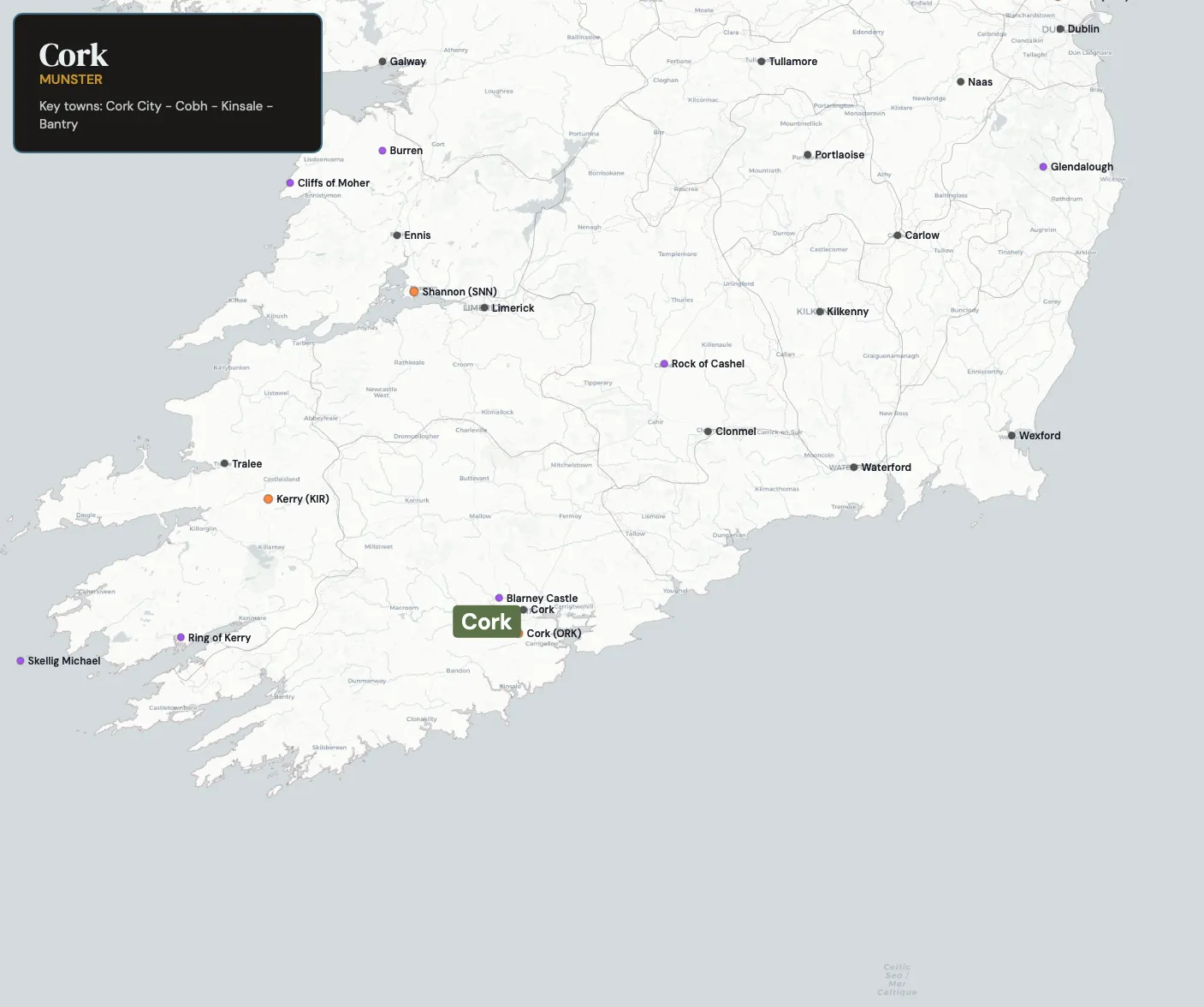 Map showing County Cork in the northwest of Ireland