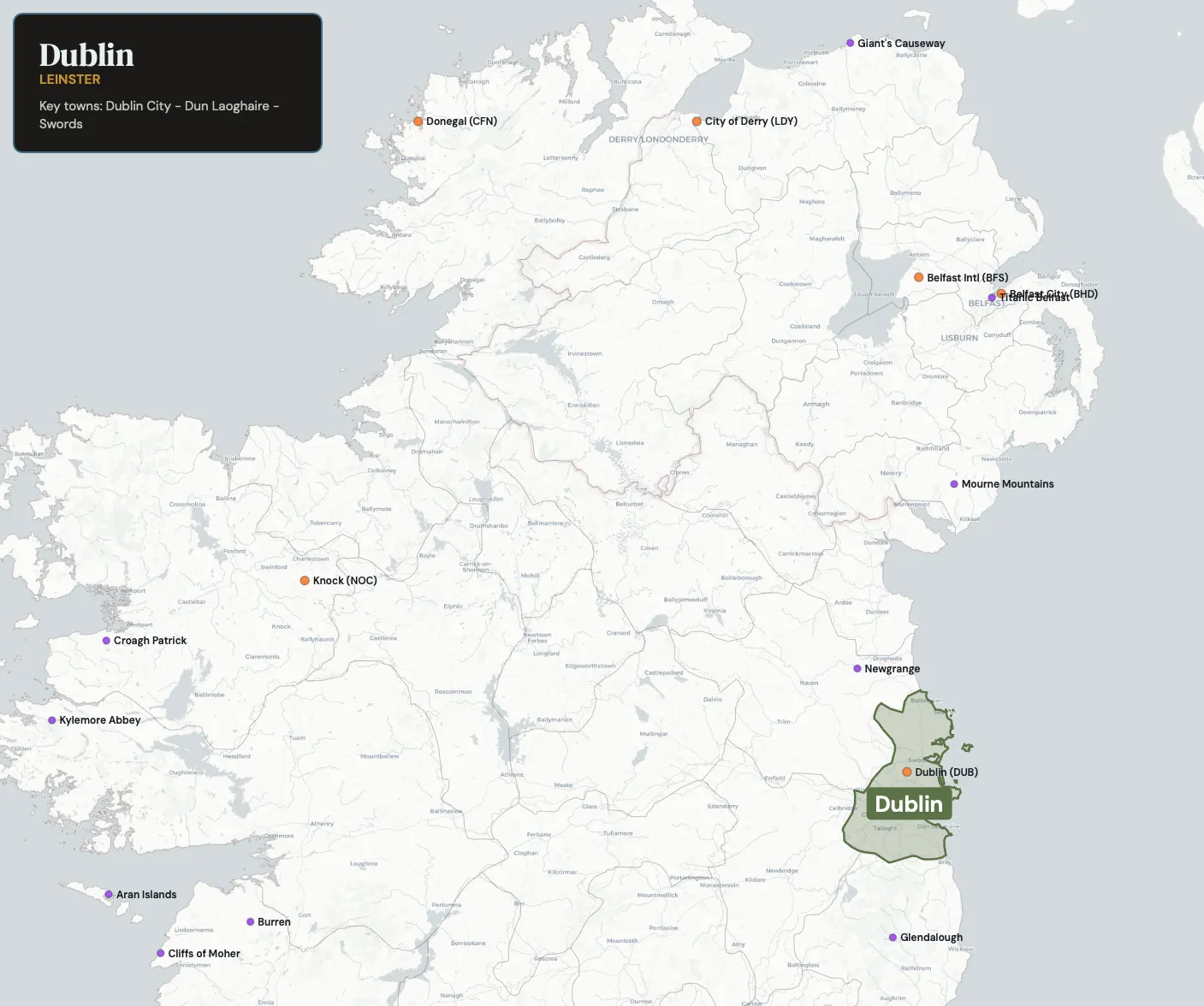 Map showing County Dublin in the northwest of Ireland