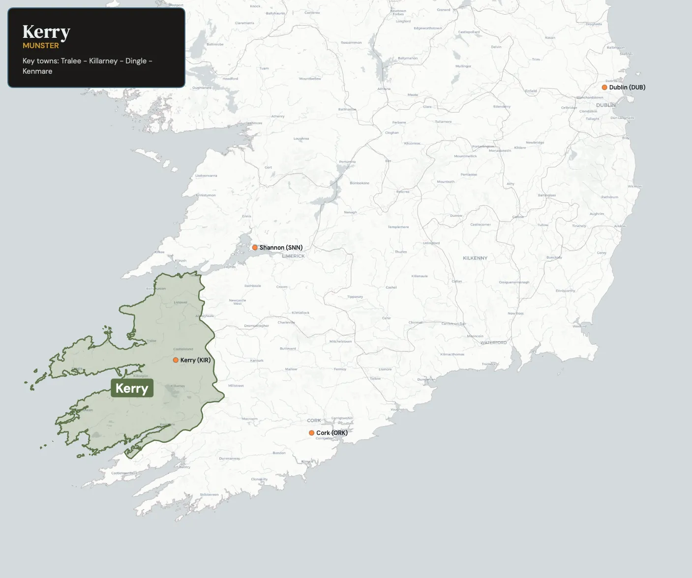 Map showing County Kerry in the northwest of Ireland