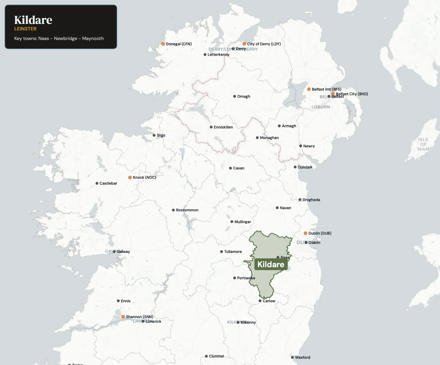 Map showing County Kildare in the northwest of Ireland