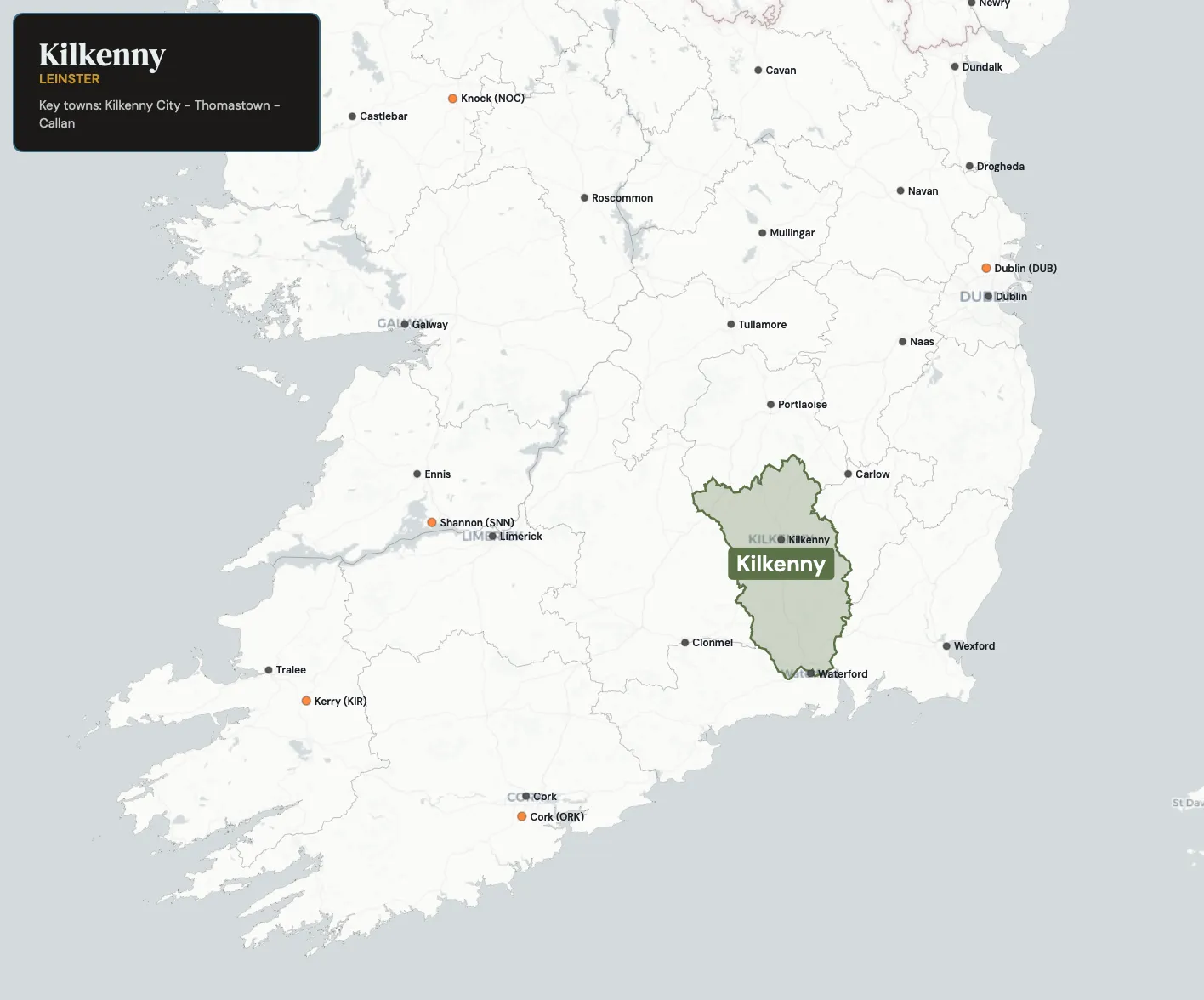 Map showing County Kilkenny in the northwest of Ireland