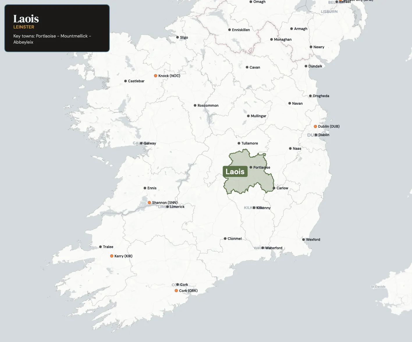 Map showing County Laois in the northwest of Ireland