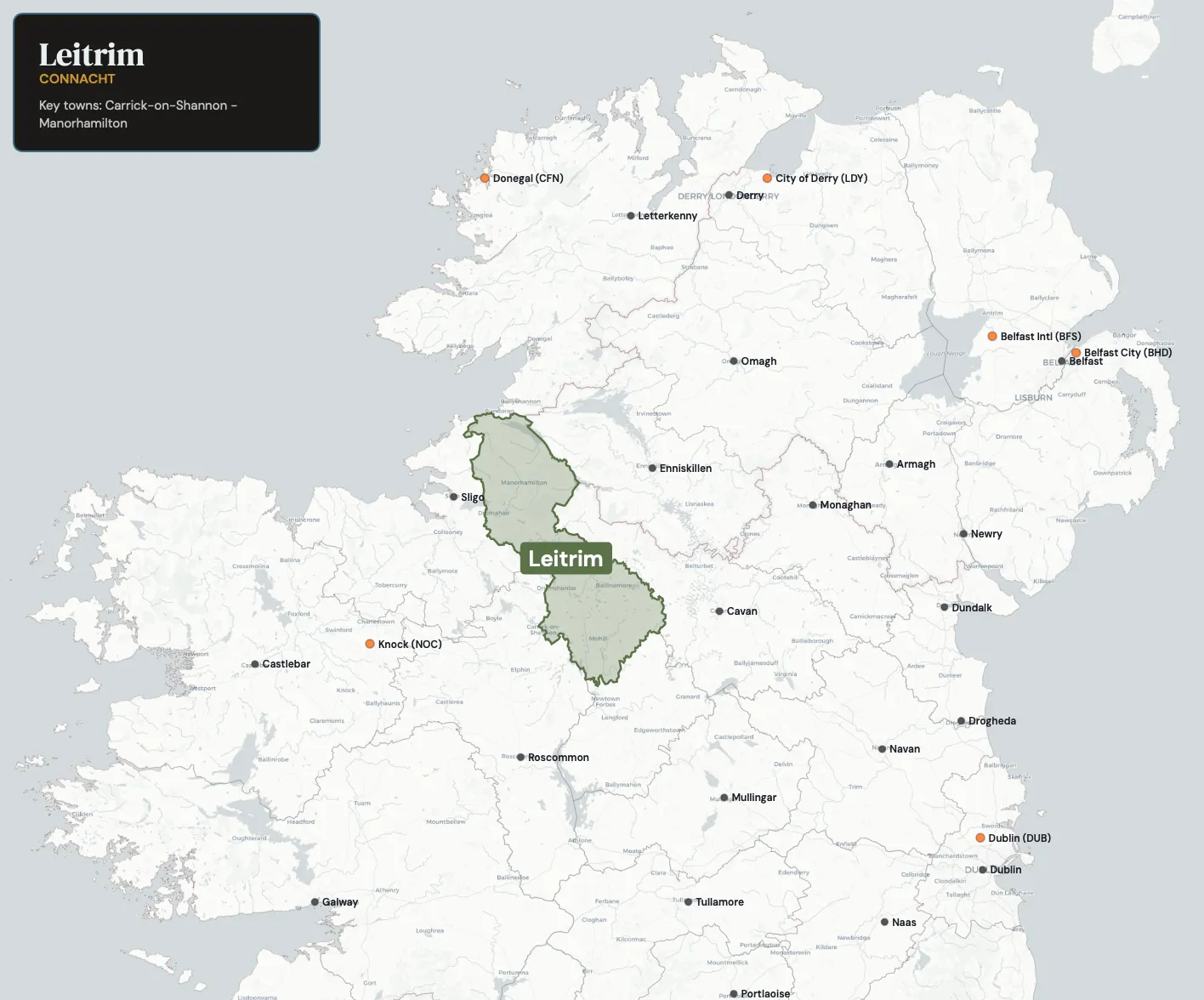 Map showing County Leitrim in the northwest of Ireland