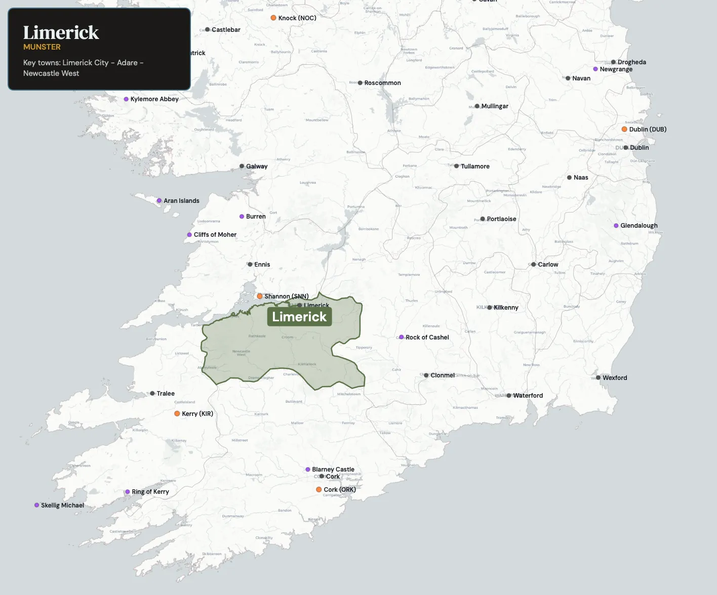 Map showing County Limerick in the northwest of Ireland