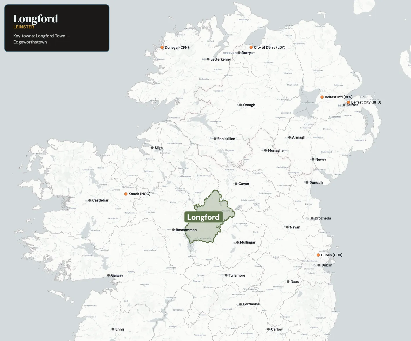Map showing County Longford in the northwest of Ireland