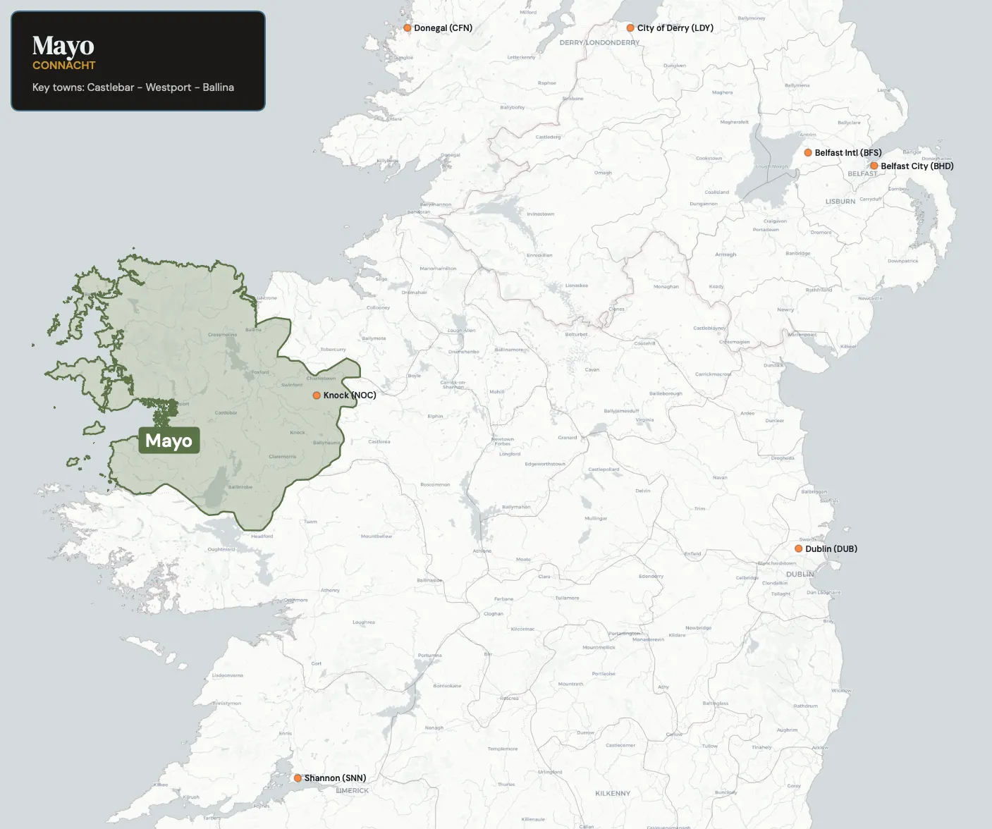 Map showing County Mayo in the northwest of Ireland