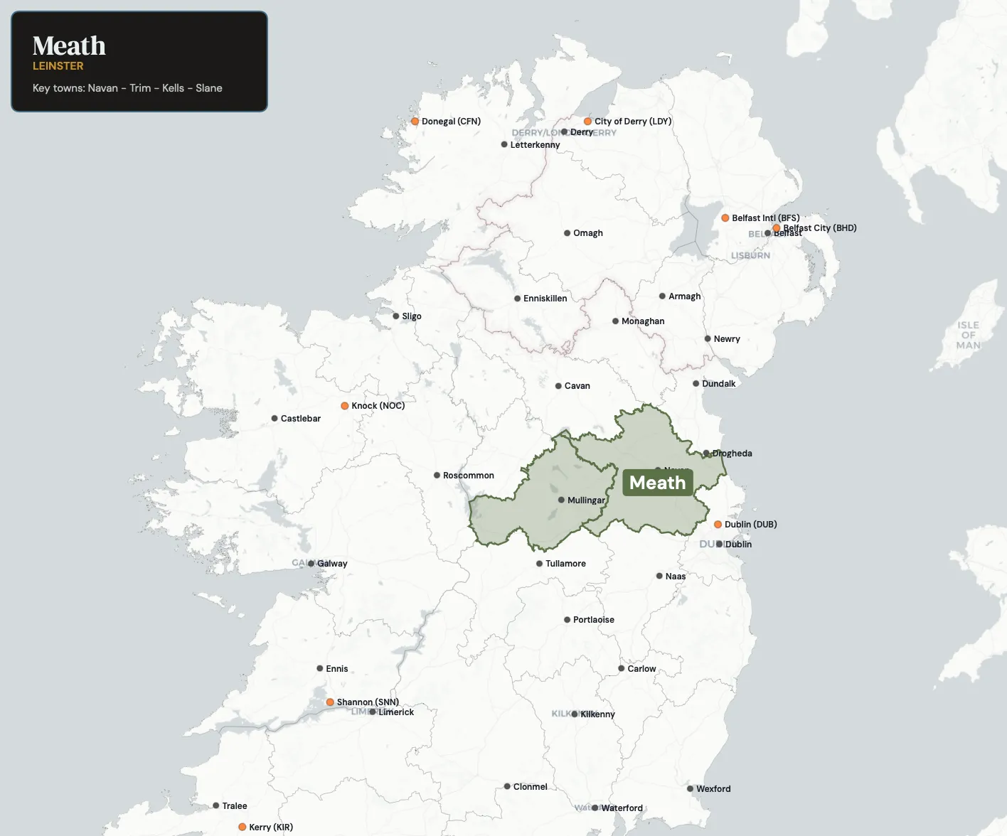 Map showing County Meath in the northwest of Ireland