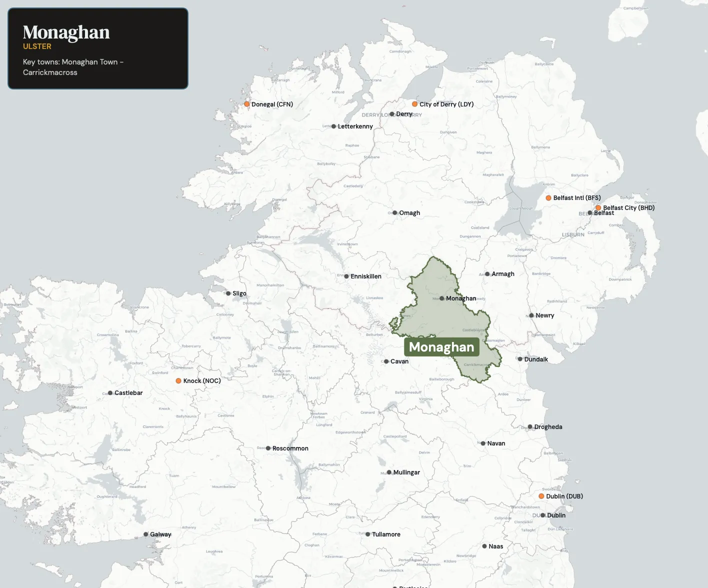 Map showing County Monaghan in the northwest of Ireland