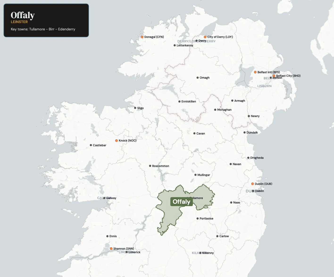 Map showing County Offaly in the northwest of Ireland