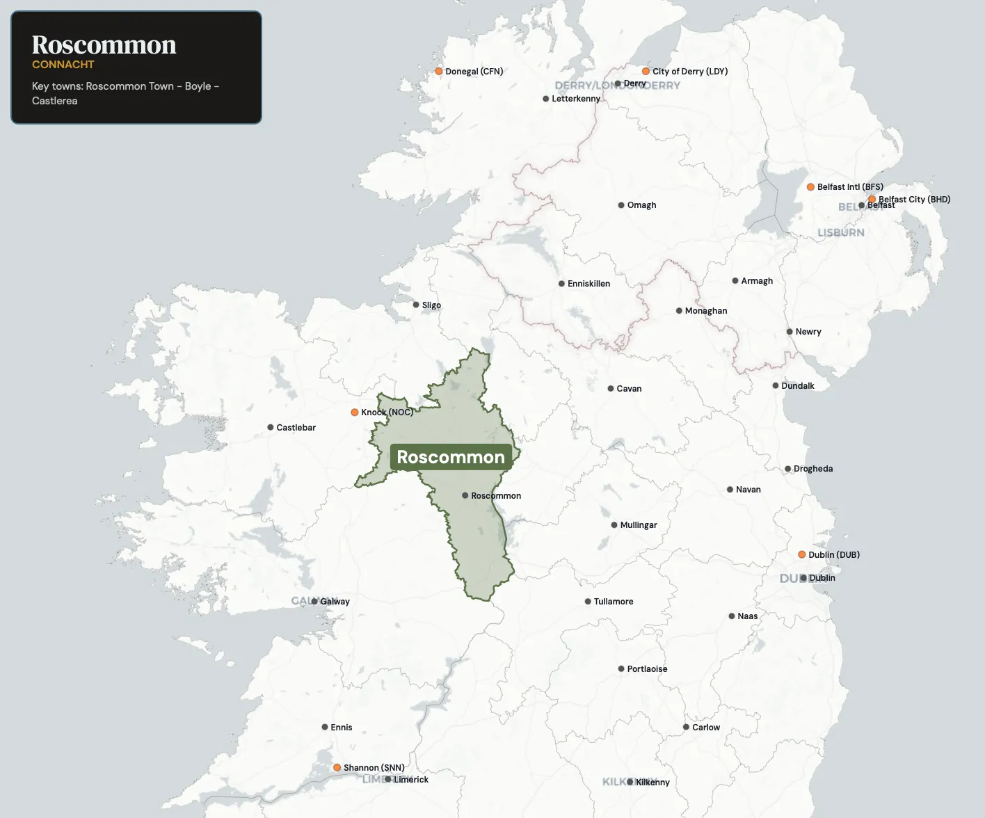 Map showing County Roscommon in the northwest of Ireland