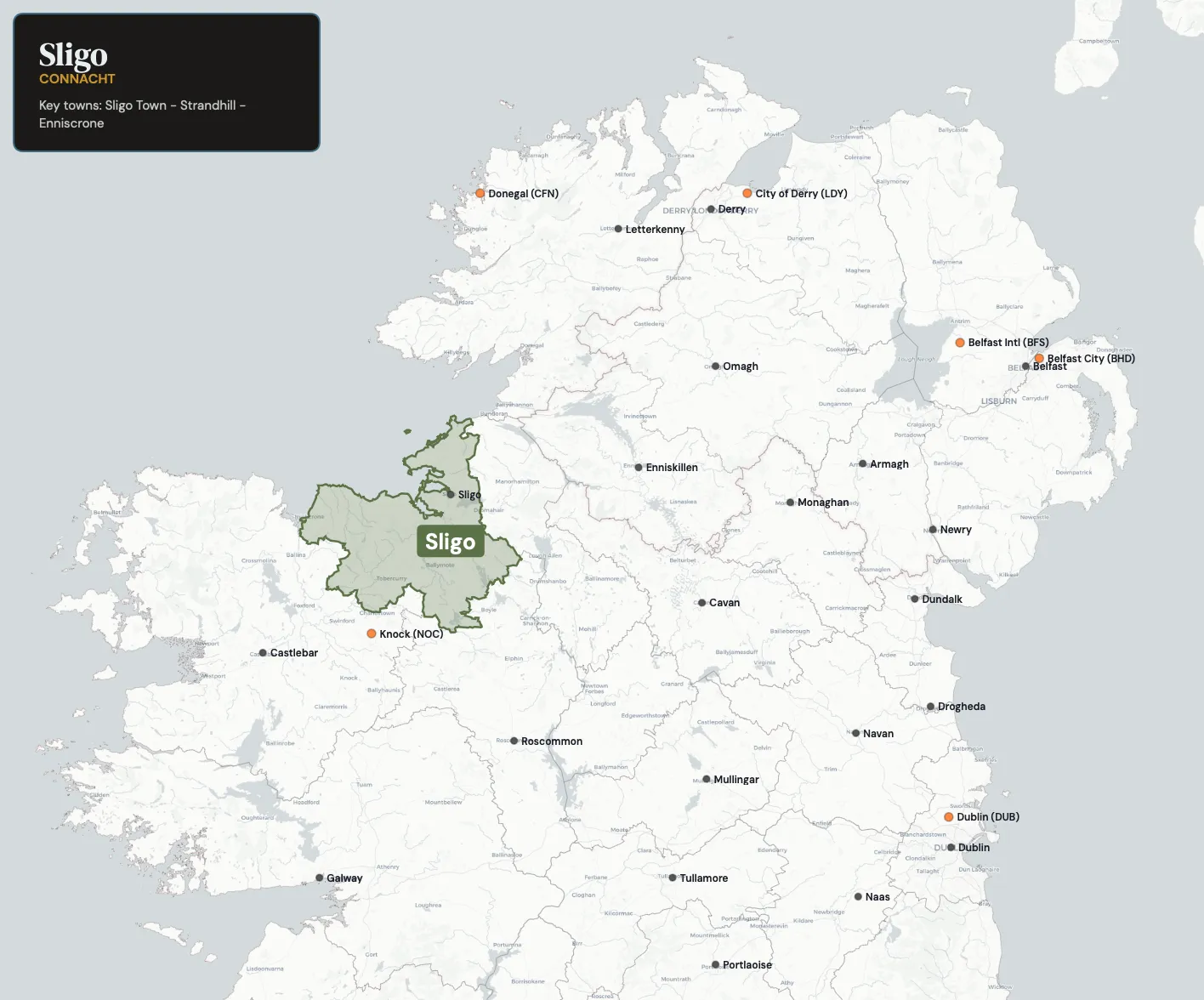 Map showing County Sligo in the northwest of Ireland