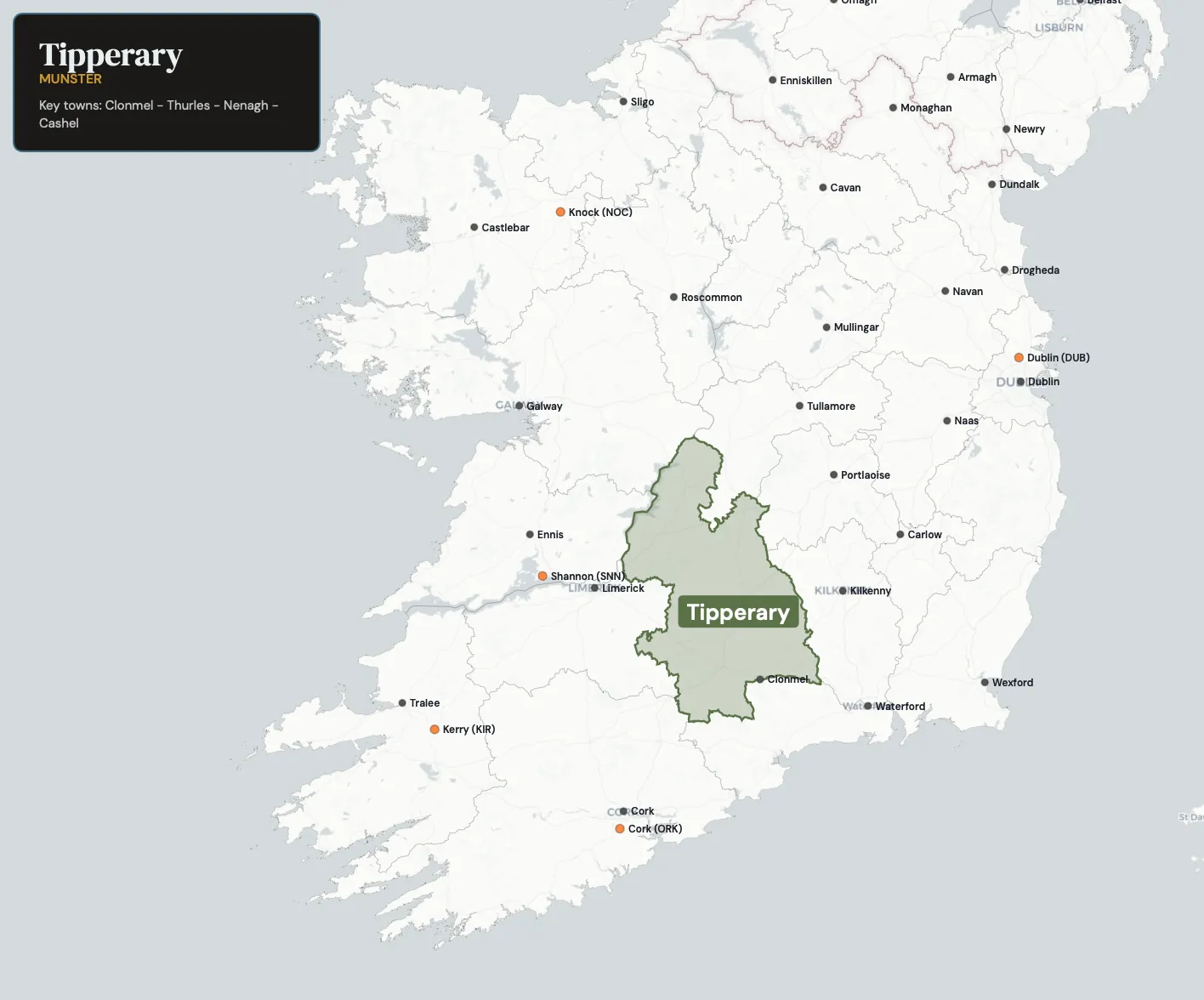 Map showing County Tipperary in the northwest of Ireland