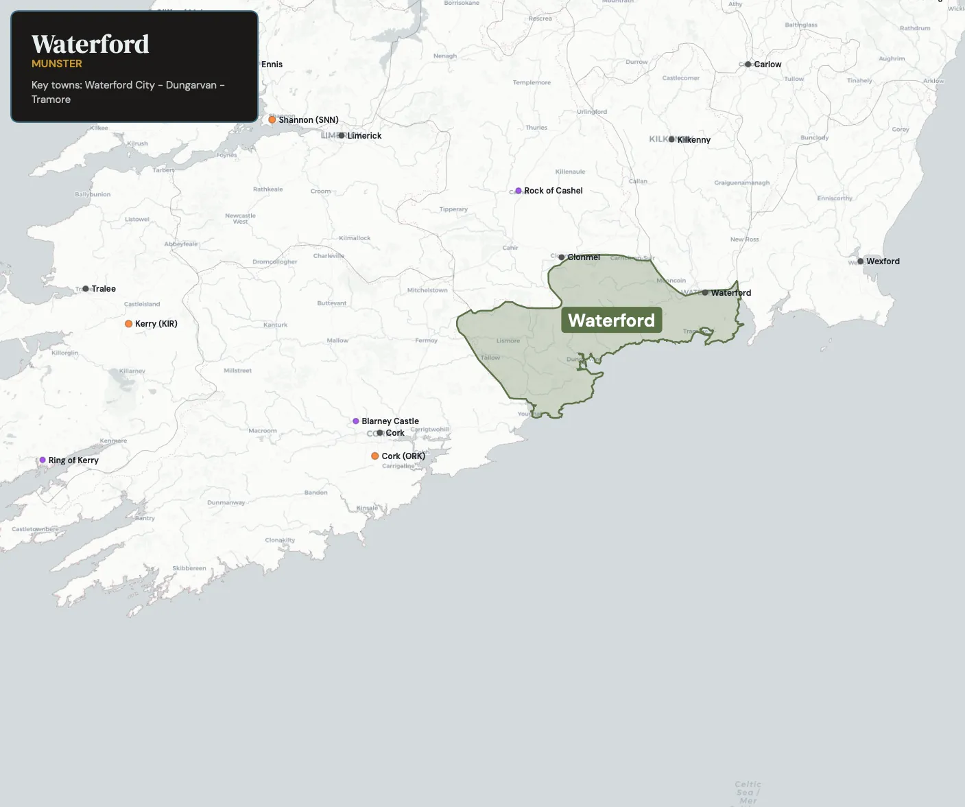 Map showing County Waterford in the northwest of Ireland