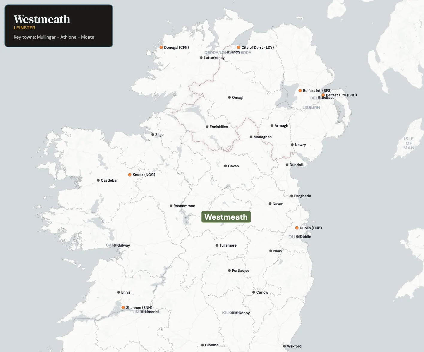 Map showing County Westmeath in the northwest of Ireland