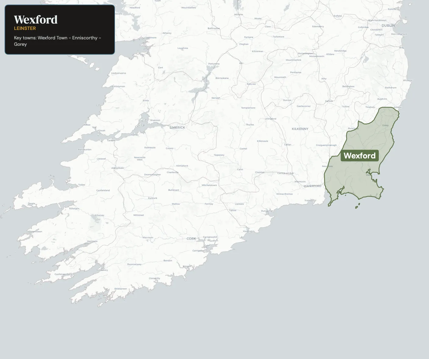 Map showing County Wexford in the northwest of Ireland