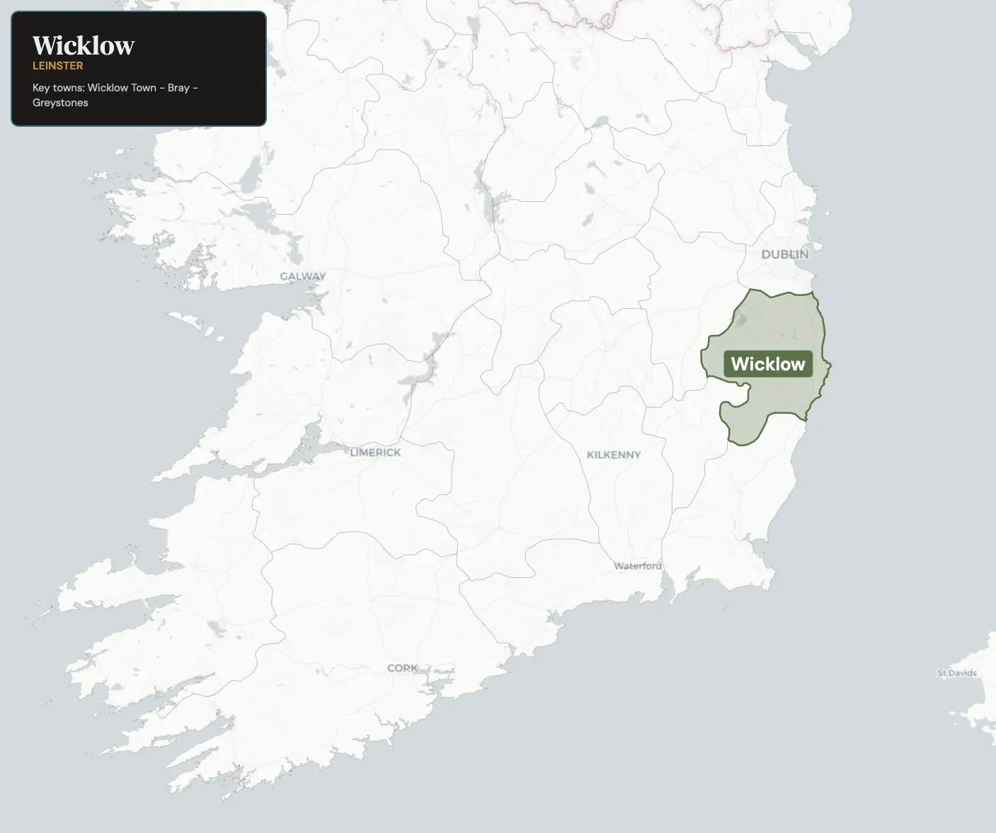 Map showing County Wicklow in the northwest of Ireland