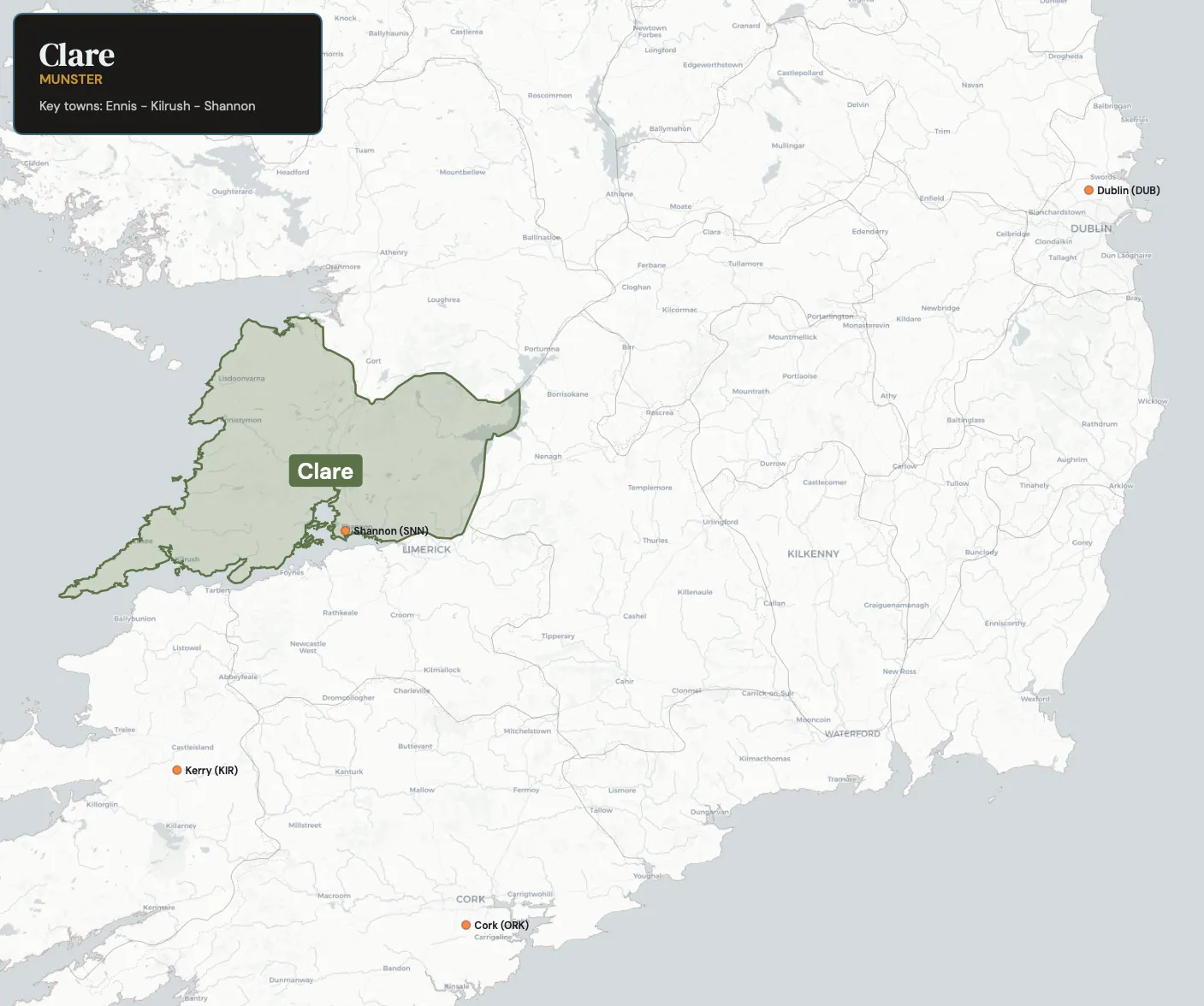 Map showing County Clare in the northwest of Ireland