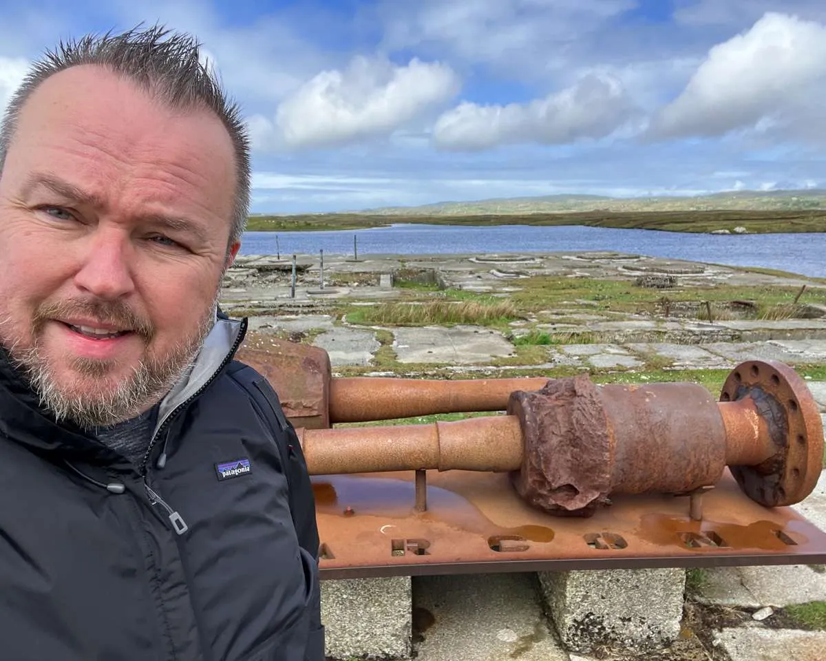 Patrick at Derrygimlagh - Marconi Power House ruins with bog and Atlantic sky