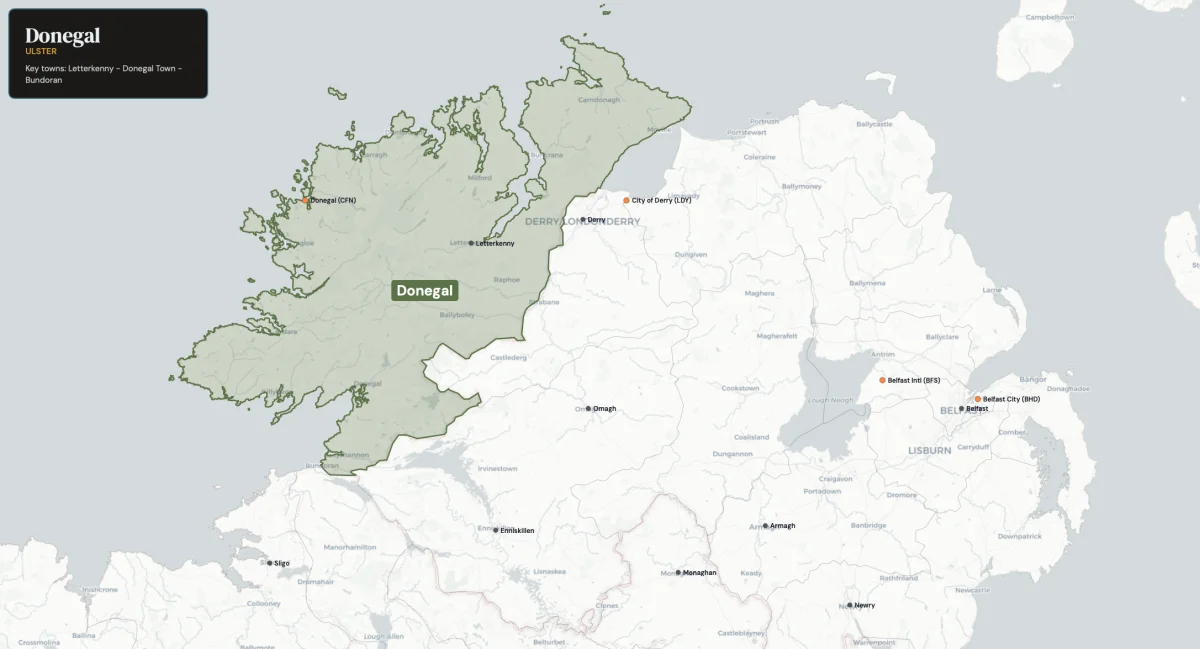Map showing County Donegal in the northwest of Ireland