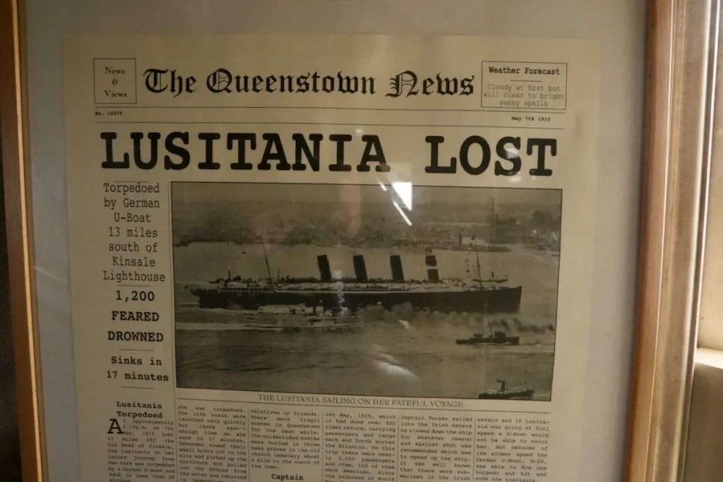 A newspaper clipping saying "Lusitania Lost"