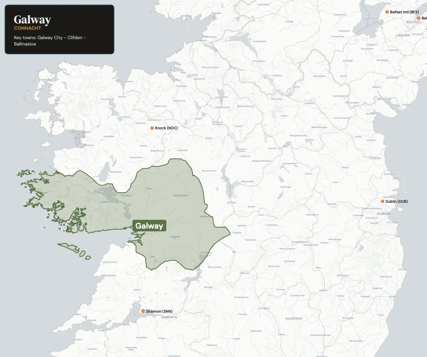 Map showing County Galway in the northwest of Ireland