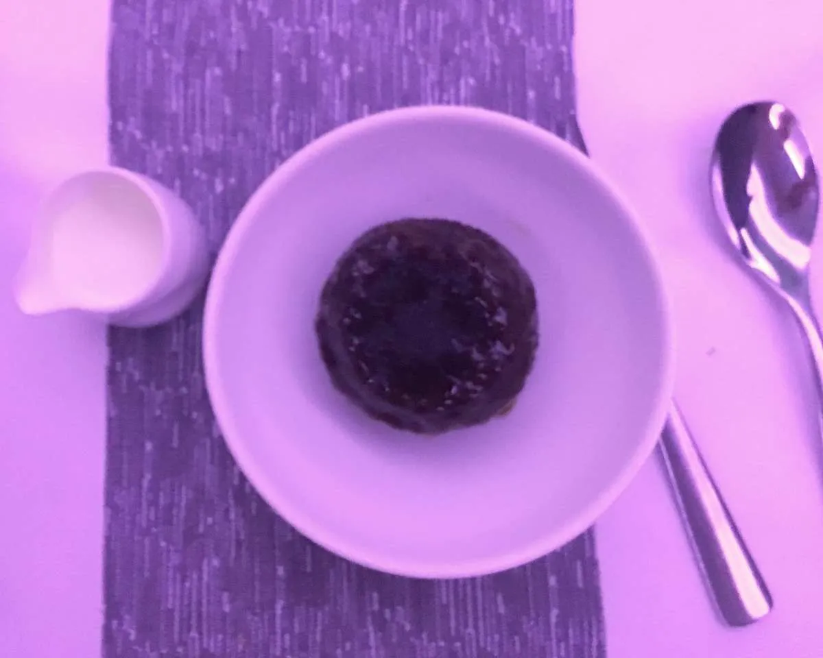 A warm chocolate pudding served in Upper Class on Virgin Atlantic 