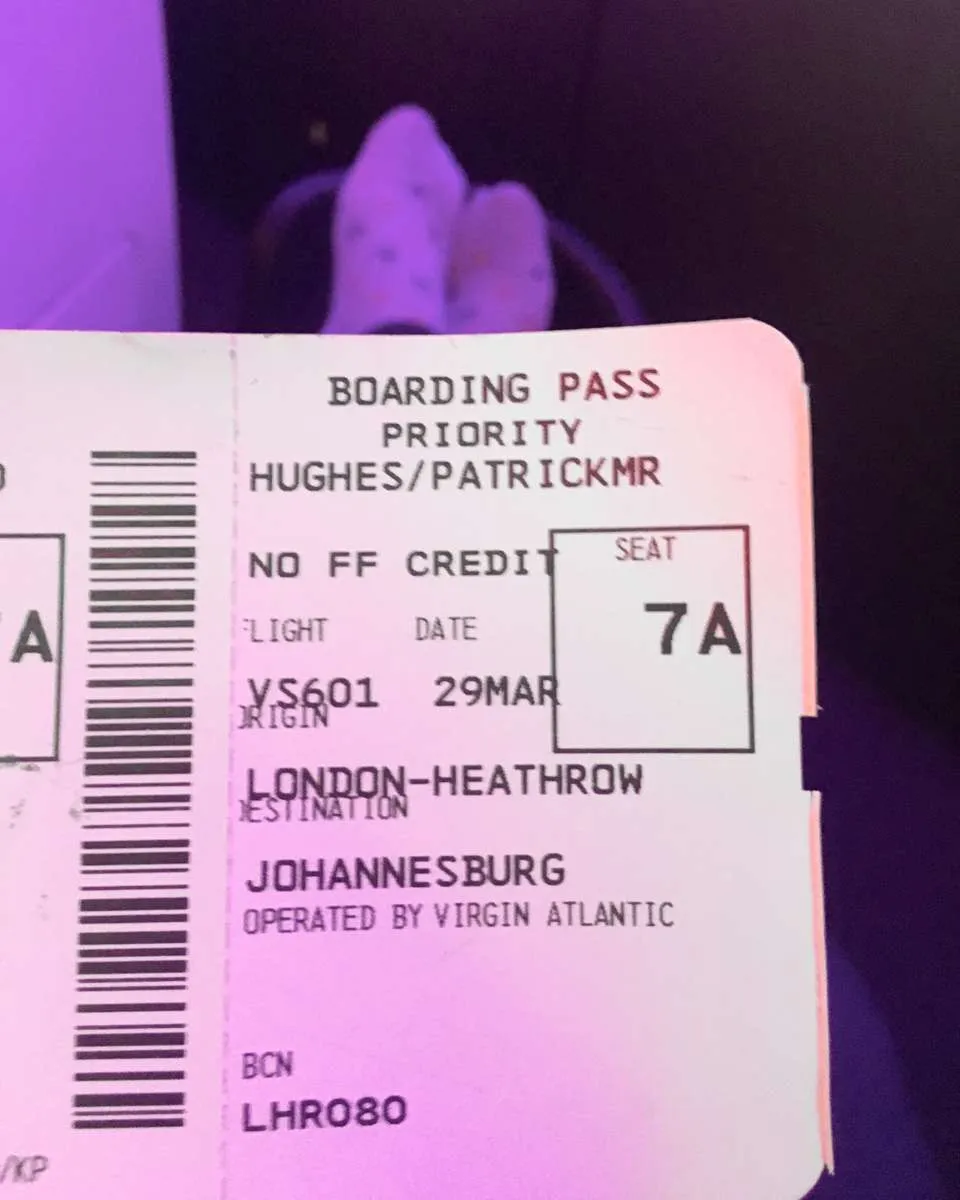 Patrick's ticket for Upper Class on Virgin Atlantic 