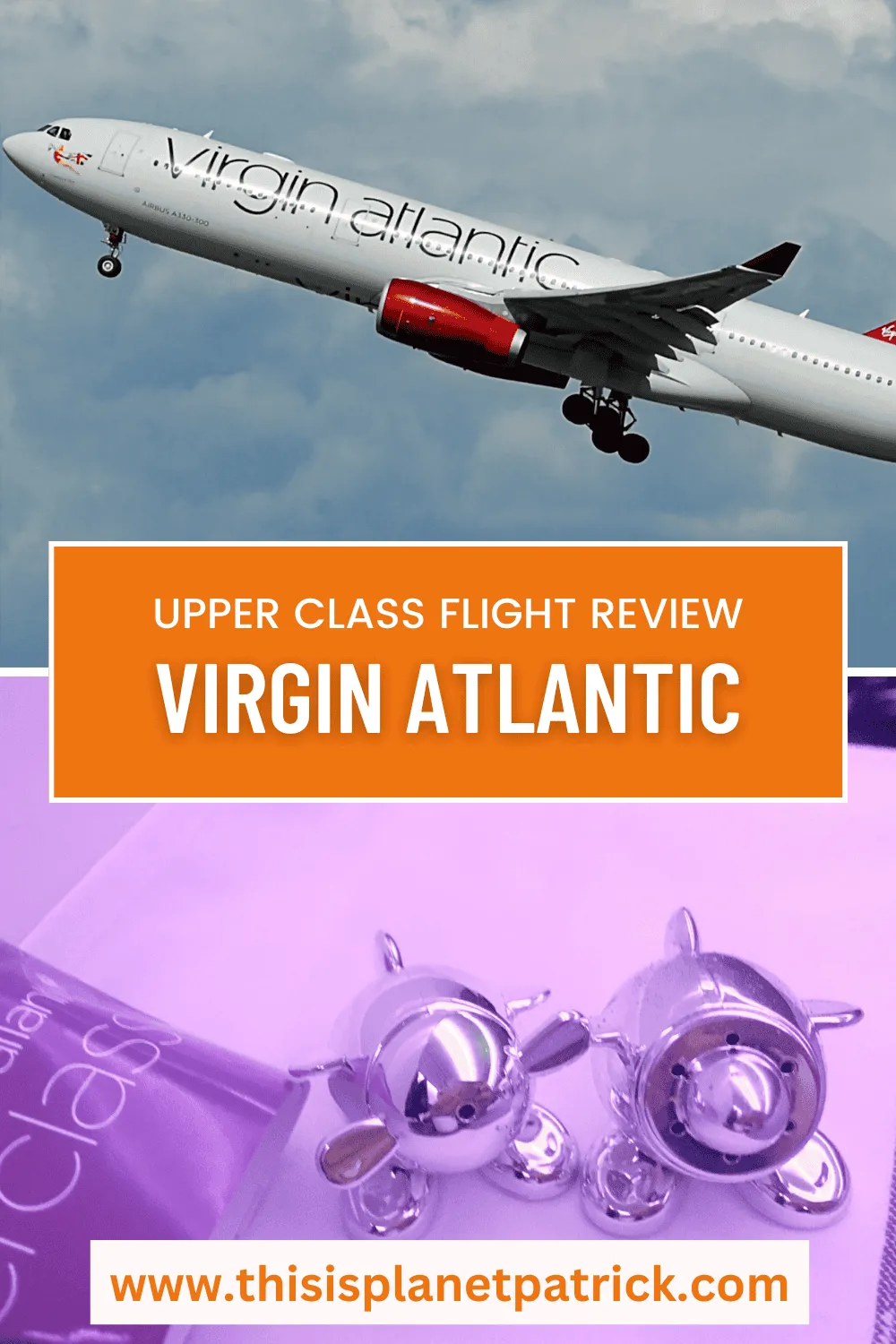 A pinterest pin showing a Virgin Atlantic plane and the salt and pepper shaker 