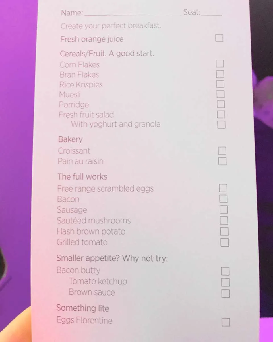 The Virgin Atlantic breakfast menu 