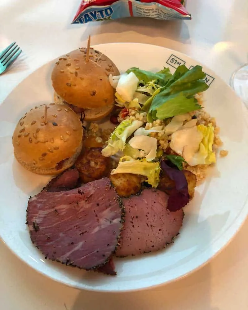 Patrick's food selection at 51st & Green Lounge including pastrami and salads