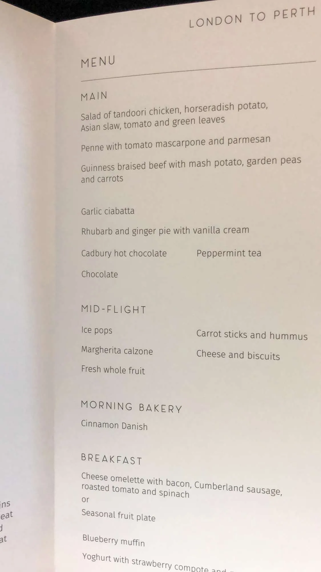 Qantas QF10 Flight Review - The food menu for the flight. 