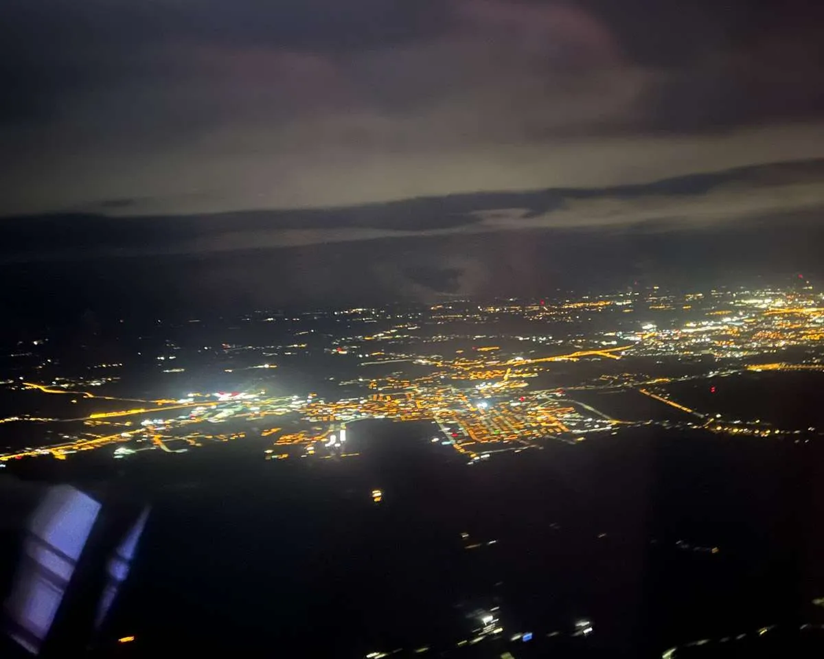 A view of Gdansk night sky from an aircraft landing there. 