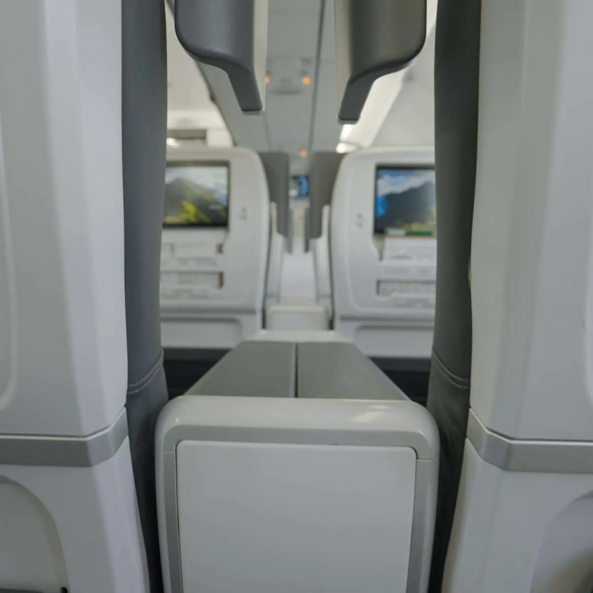 A view forward between the seats where individual entertainment screens can be seen. 