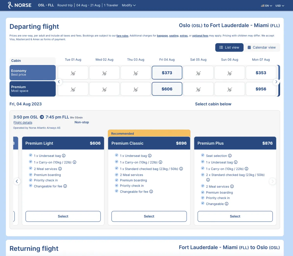 Screenshot of Norse booking process