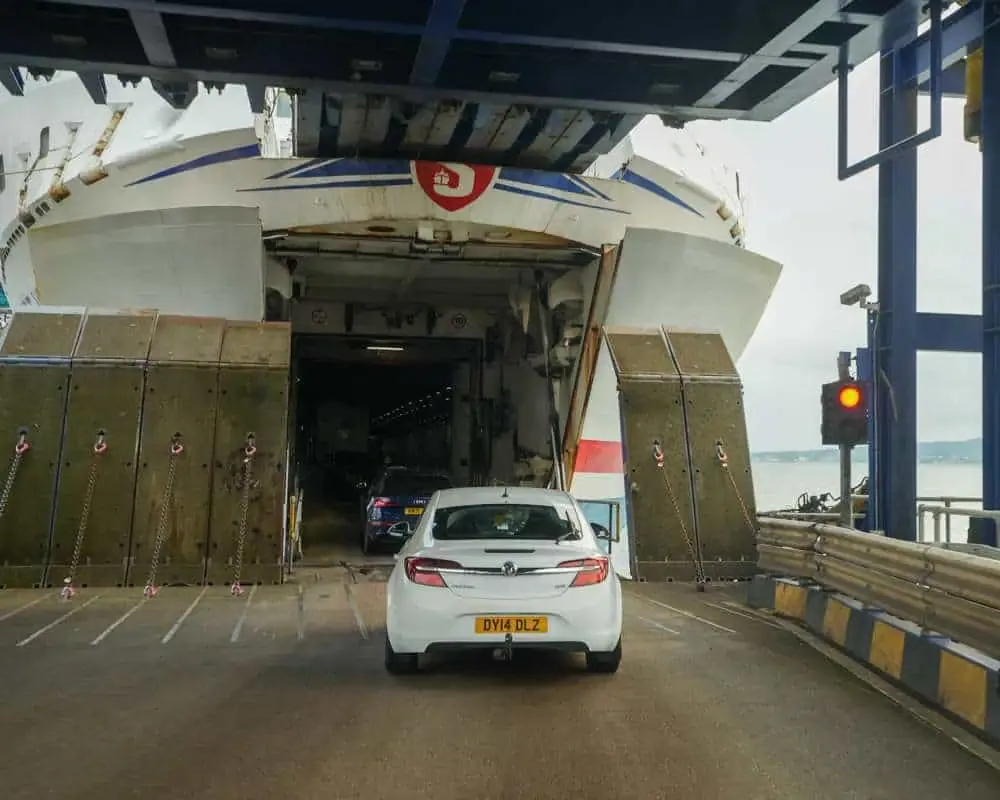 The roll on roll off doors are down to accept cars on the Stena Ferry 