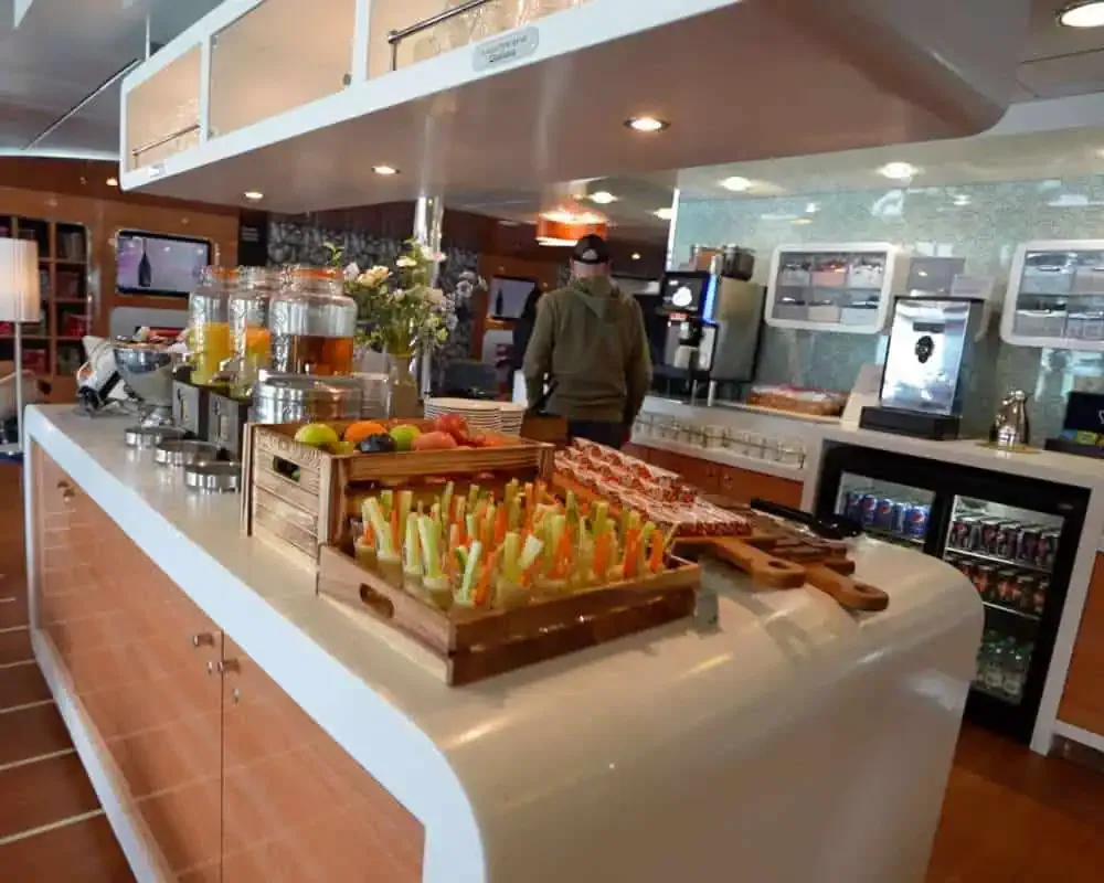 The buffet area inside the Stena Plus Lounge - vegetables with hummus dip is shown closest to camera. 
