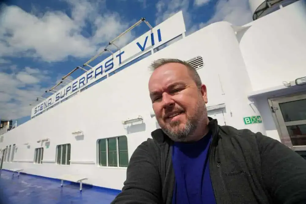 Patrick with the Superfast VII sign in the background on the Stena Line Ferry