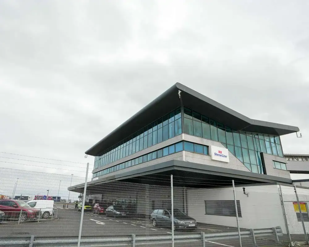 The terminal building at Belfast Port with Stena Line branding on the side. 
