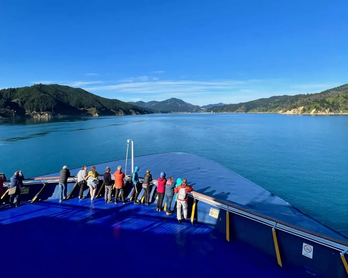 A view towards Picton from the top deck of the Aratere Ferry in New Zealand 