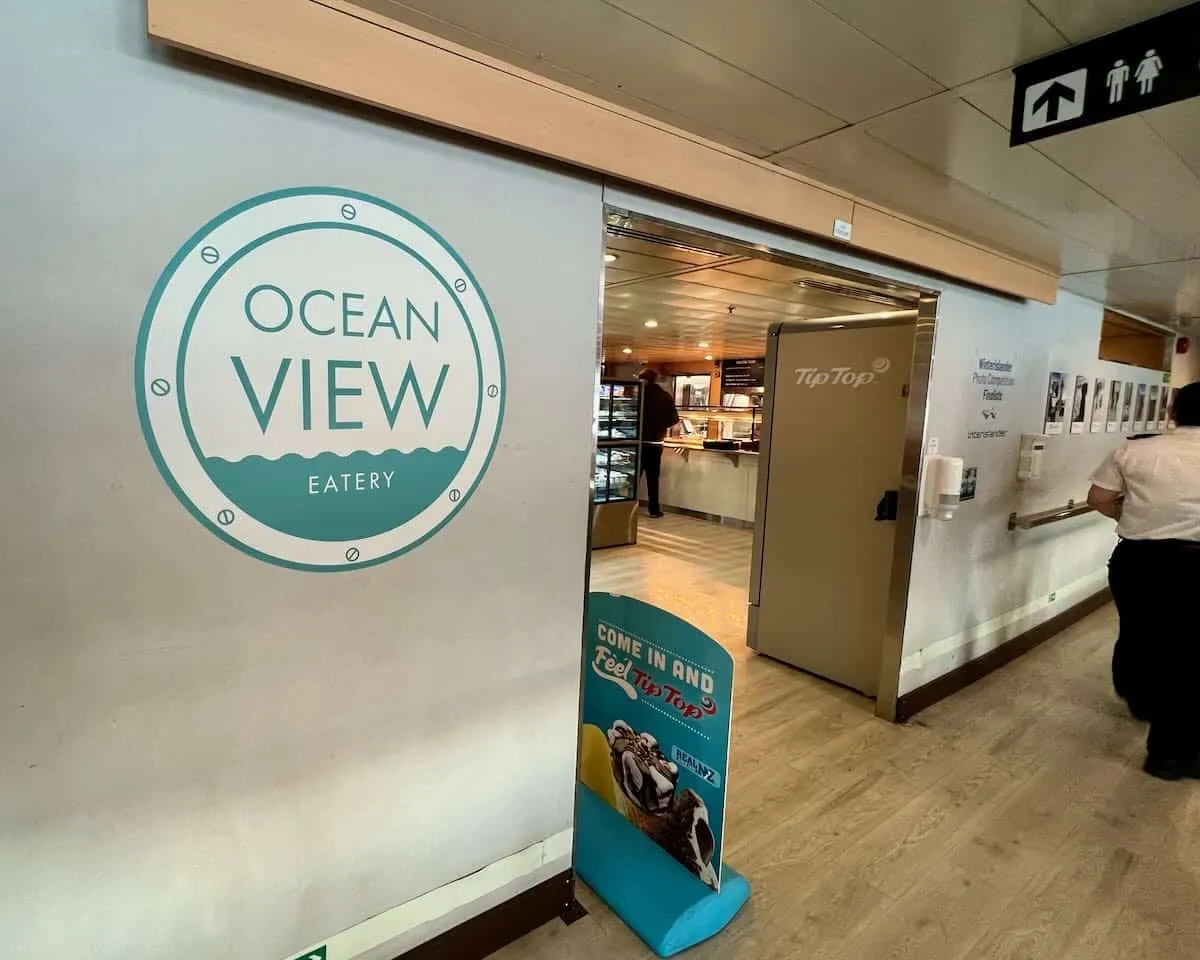 A sign onboard a New Zealand Ferry that reads "Ocean View Eatery"