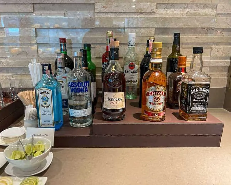 Bottles of alcohol in the Emirates Lounge at Bangkok