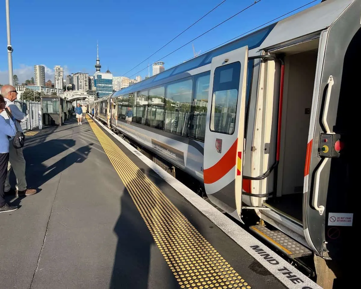 A view of the carriages of the Northern Explorer train at Strand Station in Auckland New Zealand