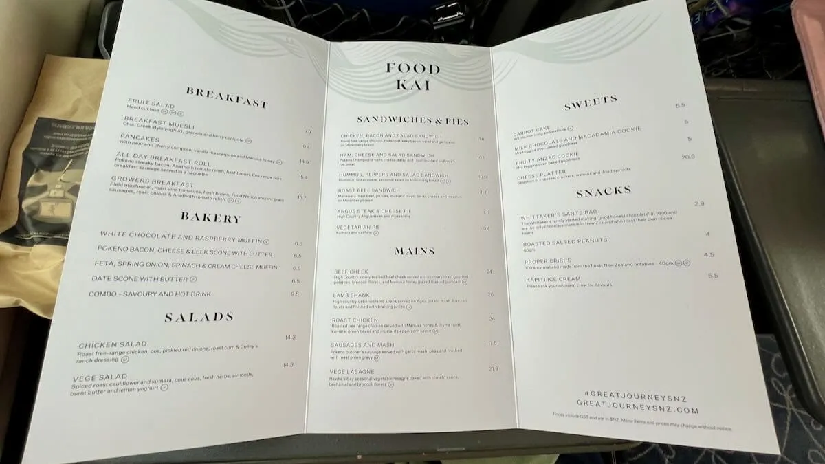 The breakfast menu available on the Northern Explorer train in New Zealand